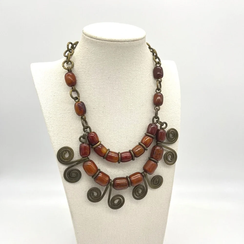 Vintage Phenolic Bakelite Brass Spiral Bib‎ Statement Necklace Tribal